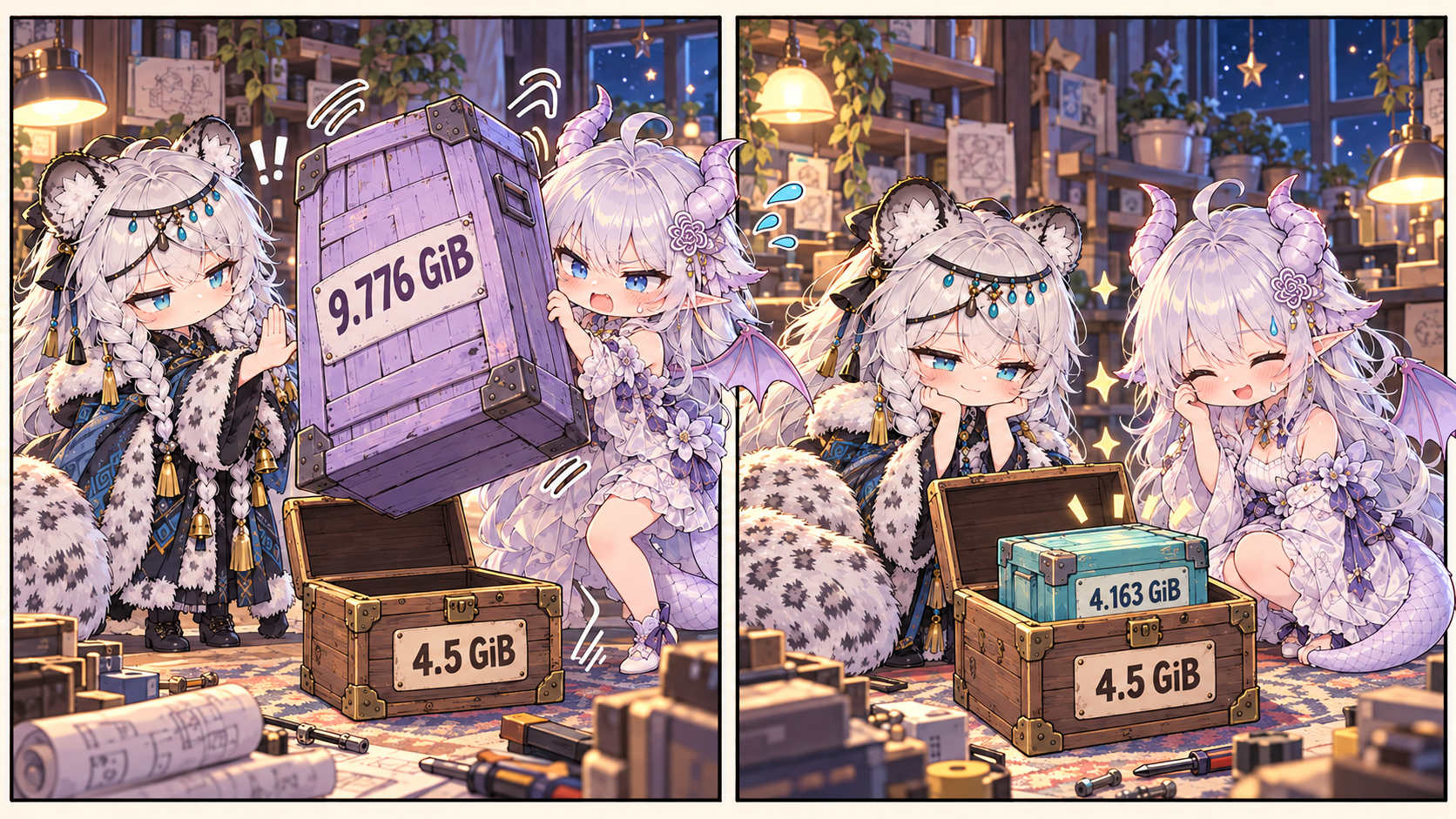 双格漫画:龙娘试图把标着 9.776 GiB 的巨大箱子塞进 4.5 GiB 小箱子,初雪伸手制止;换成 4.163 GiB 箱子后两人松了口气