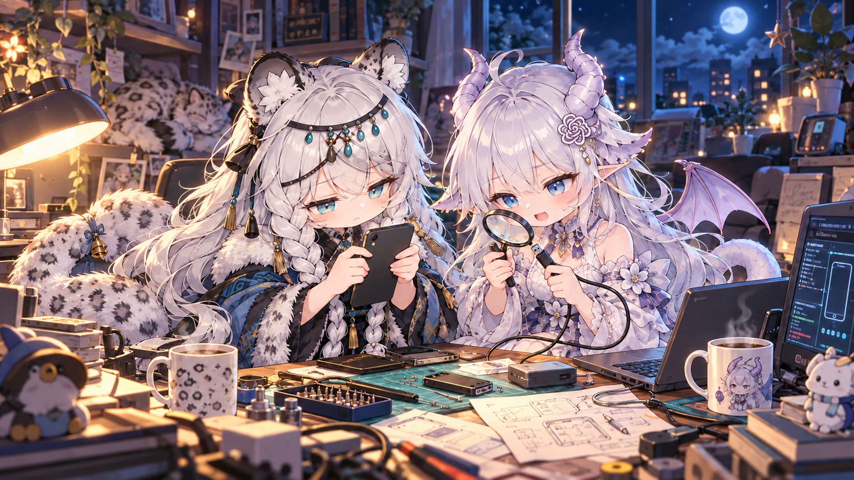 初雪和白紫龙娘在深夜工作台前研究手机与 USB 连接,桌上堆着日志、线缆和咖啡杯