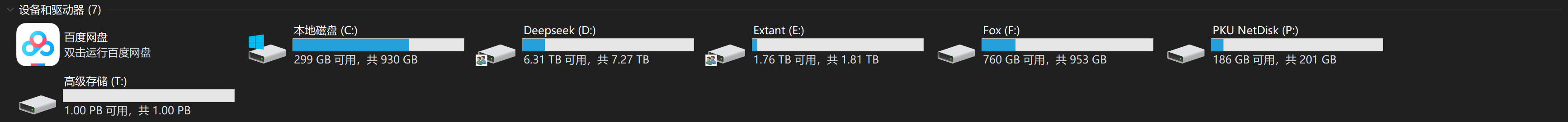 Windows 资源管理器实际界面截图:本地磁盘和挂载出来的网络盘符列表